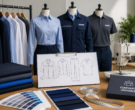 Corporate uniform manufacturing setup showing custom shirts, jackets, and fabric swatches for bulk uniform orders