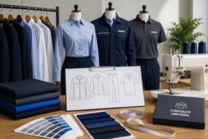 Corporate uniform manufacturing setup showing custom shirts, jackets, and fabric swatches for bulk uniform orders