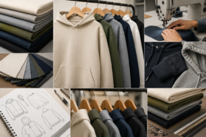 Hoodie manufacturing with fabric GSM, different fits, sewing details, and finishing options