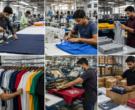 T-shirt manufacturing process in an Indian garment factory with fabric cutting, stitching, quality inspection, printing, and packaging