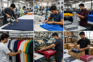 T-shirt manufacturing process in an Indian garment factory with fabric cutting, stitching, quality inspection, printing, and packaging