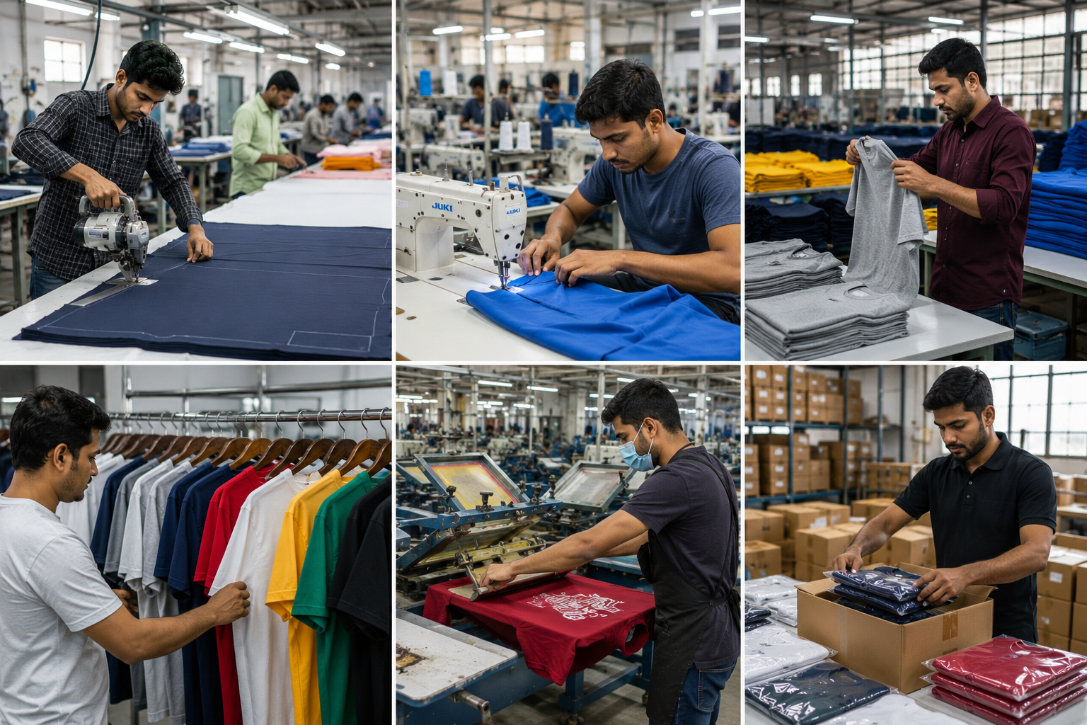T-shirt manufacturing process in an Indian garment factory with fabric cutting, stitching, quality inspection, printing, and packaging
