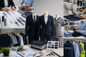 Corporate uniform manufacturing process with custom workwear, fabric selection, tailoring, quality inspection, and bulk production