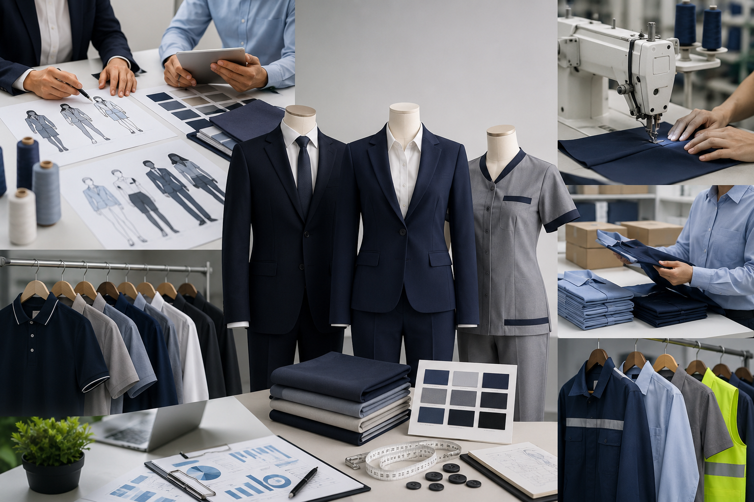 Corporate uniform manufacturing process with custom workwear, fabric selection, tailoring, quality inspection, and bulk production