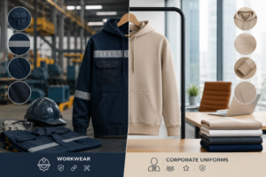 Workwear and corporate uniforms comparison featuring industrial protective clothing and modern professional apparel
