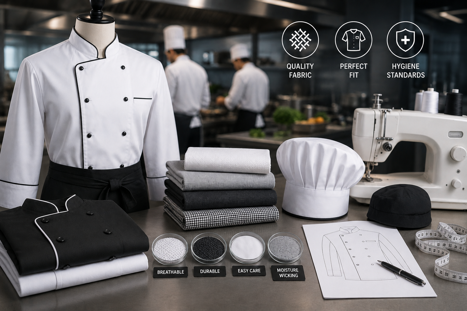 Chef uniform manufacturing showing poly-cotton coats, fit, and hygiene standards for commercial kitchens
