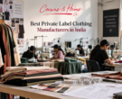 Curves & Hems garment factory workshop with tailors stitching private label clothing, folded fabric swatches, and a dress form, captioned "Best Private Label Clothing Manufacturers in India"