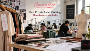 Curves & Hems garment factory workshop with tailors stitching private label clothing, folded fabric swatches, and a dress form, captioned "Best Private Label Clothing Manufacturers in India"