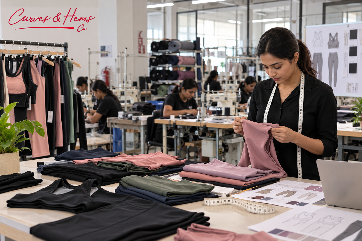 Activewear and gym wear manufacturing in India with fabric quality inspection at Curves & Hems