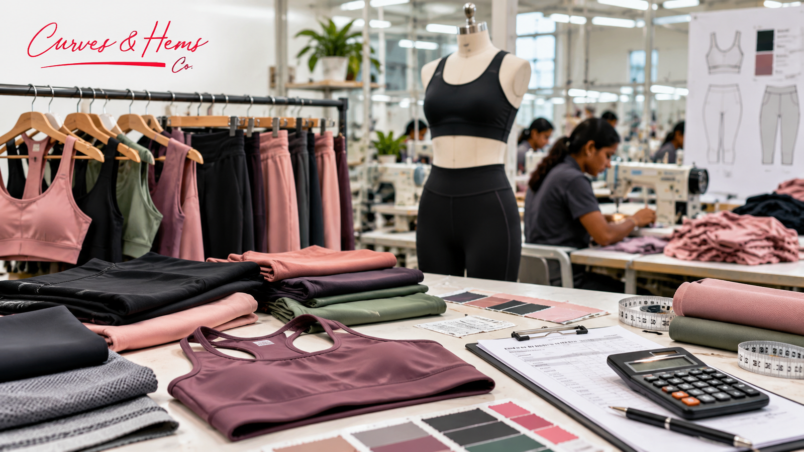 Activewear manufacturing in India featuring sportswear production, fabric selection, stitching, and garment costing at Curves & Hems.