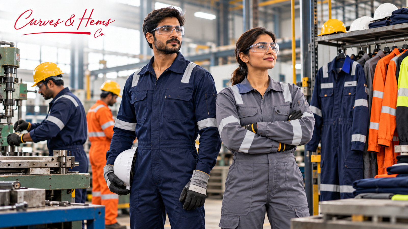 Factory workers wearing navy and grey industrial coveralls with reflective strips, made by Curves & Hems, India